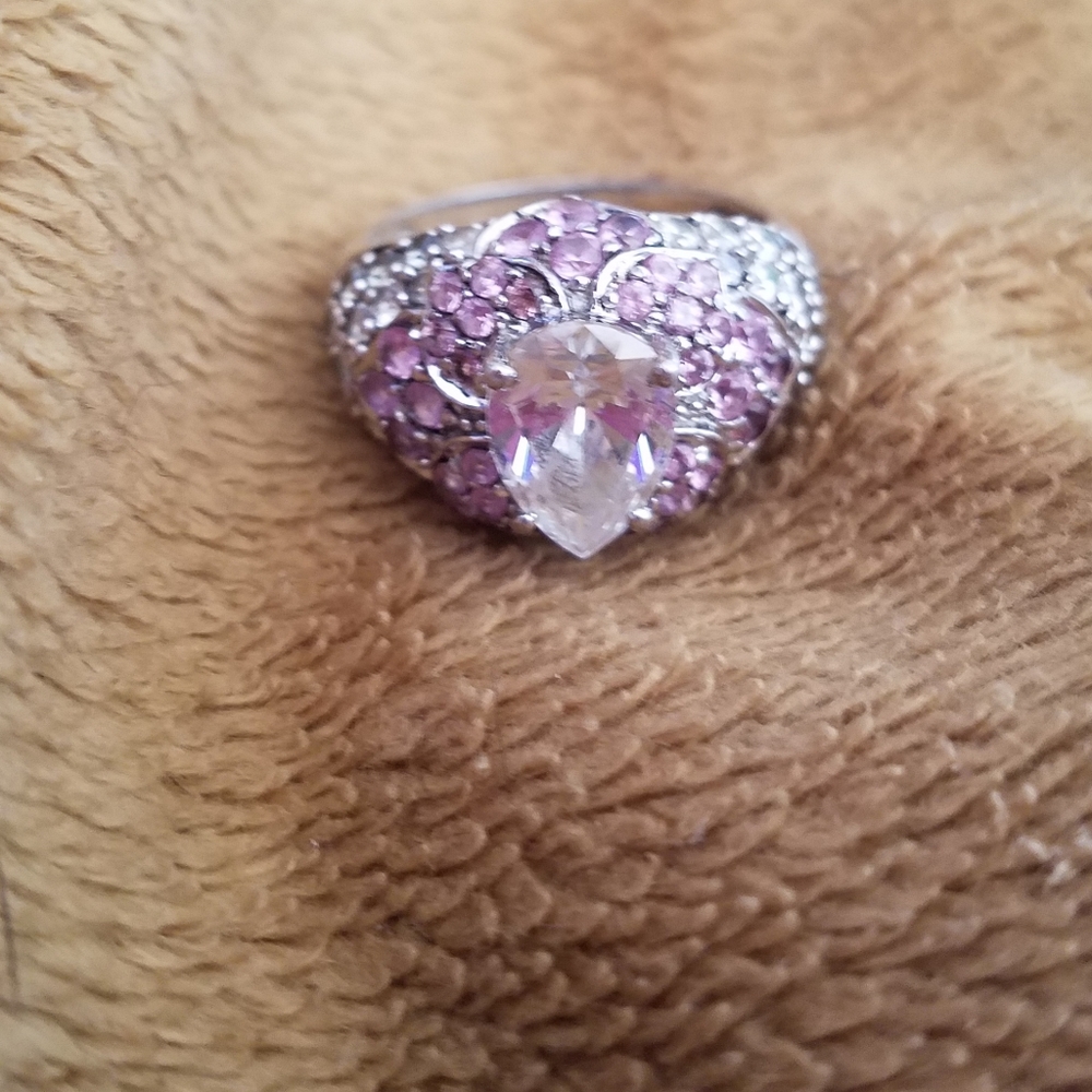 HEART RING  Silver pink clear CZ 8 CRYSTAL New